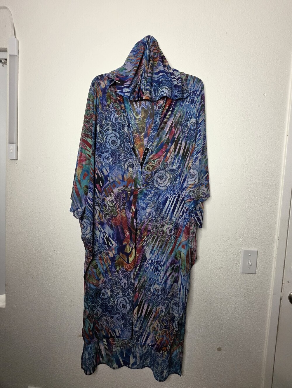 Lustern Womens Hooded Caftan Dress CoverUp Multicolor Abstract Geometric Onesize